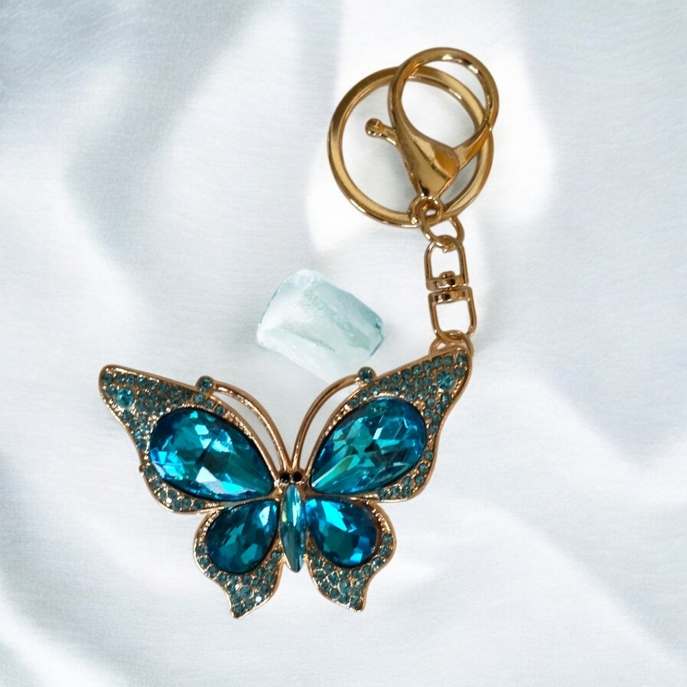 Elegant Blue Rhinestone Crystal Butterfly Purse Charm or Key Holder